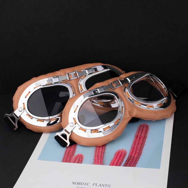 Peicees Vintage Helmet Goggles Motorcycle Goggles Bike Motorcross Pilot Goggle, Copper Silver-Clear - Image 4